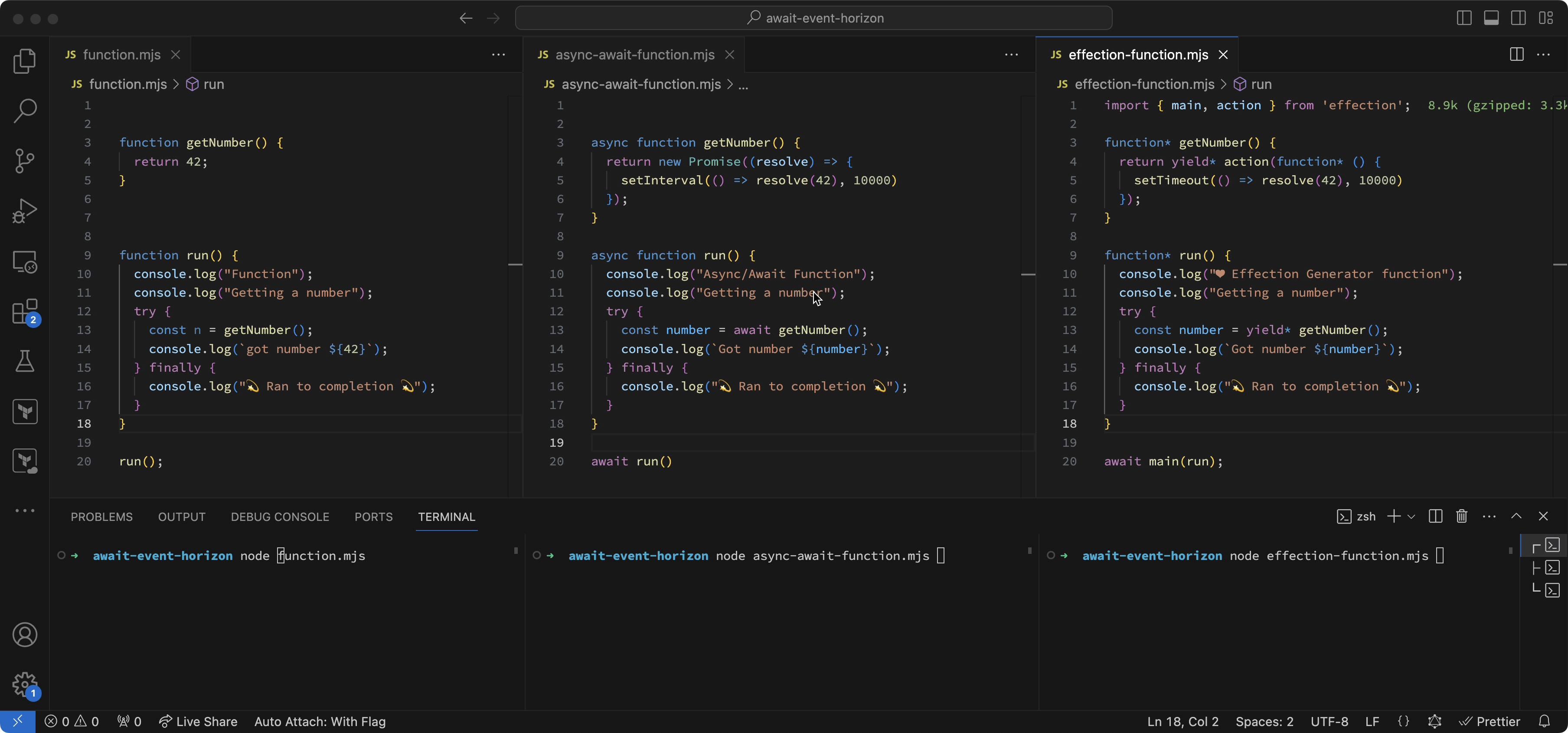 Showing that Effection runs finally blocks and Async/Await doesn't